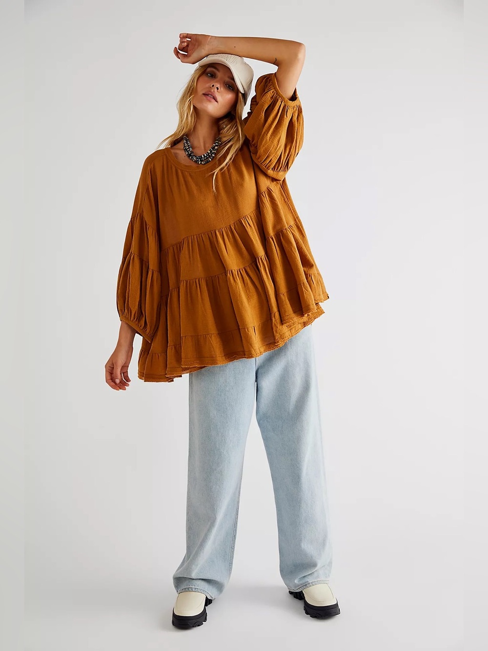 Free People Briana Tunic Creek Bend Oversized Tiered Cotton Boho Top S